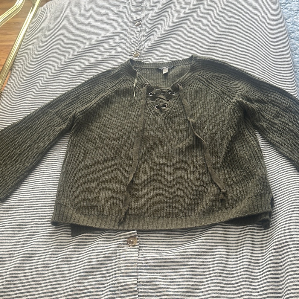 Elegant Olive Lace-Up V-Neck Sweater